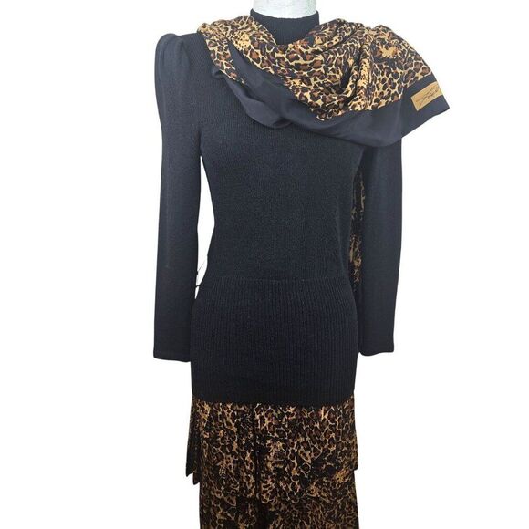 Vintage 80s Raul Blanco Cheetah Scarf Sweater Silk Skirt Suit Set Womens 6 Black
